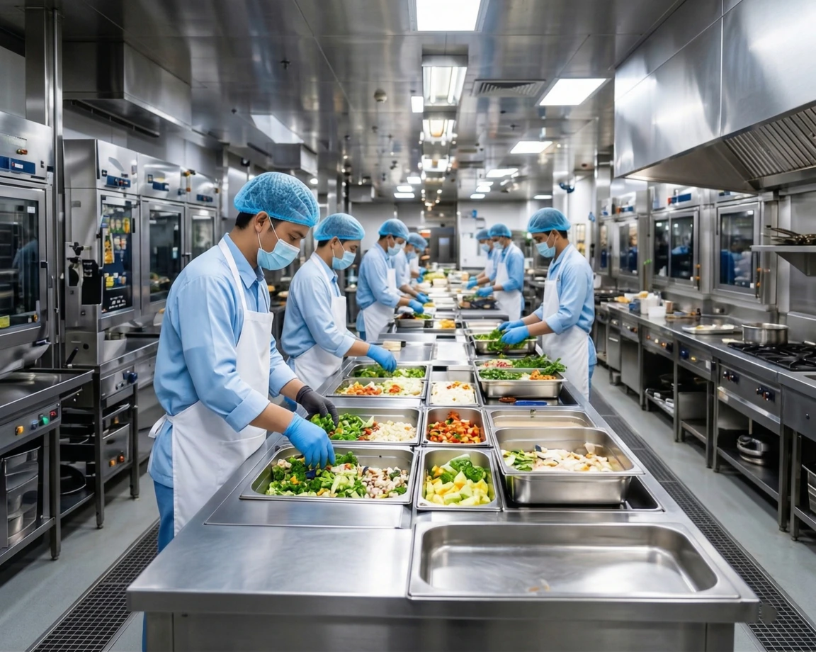 Tim dapur bekerja menyiapkan makanan enak dan bergizi